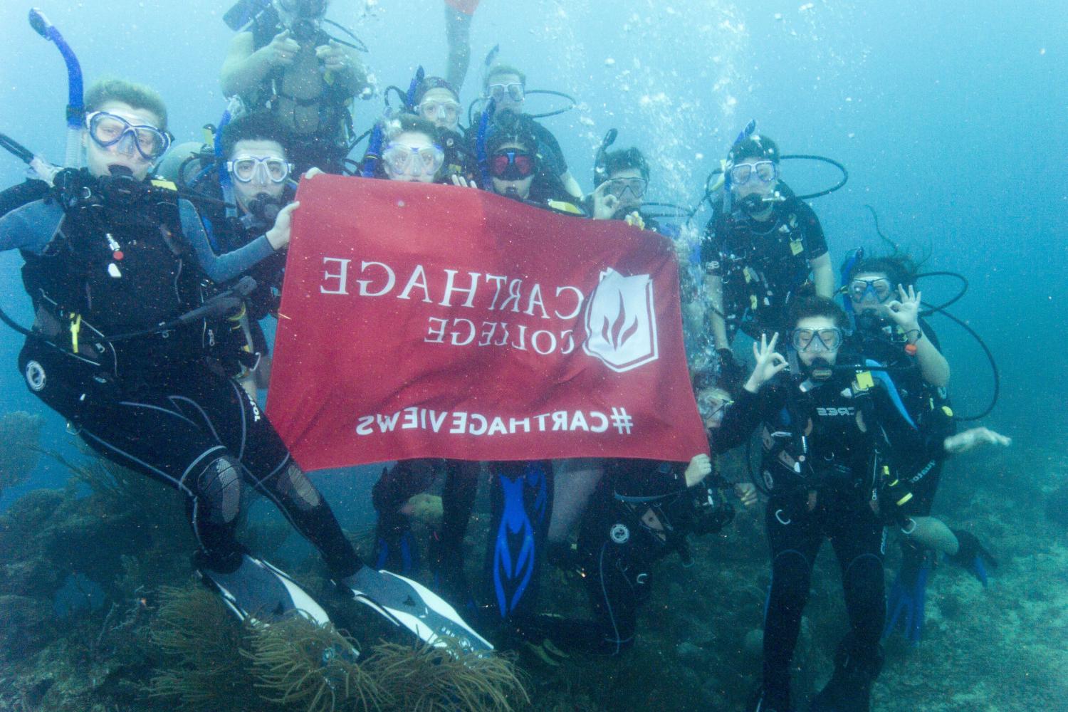 学生们手持<a href='http://xjze.philboardport.com'>bv伟德ios下载</a>旗帜，在j学期洪都拉斯游学之旅中潜水.